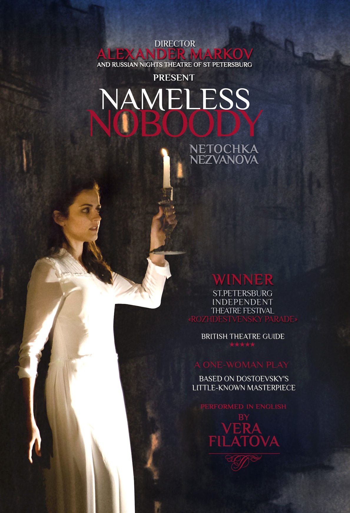Promotional image for Alexander Markov's production of Nameless Nobody, starring Vera Graziadei